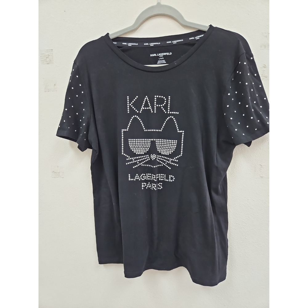 Karl Lagerfeld Women's M Sequined Cat Black T-Shirt NWT'S